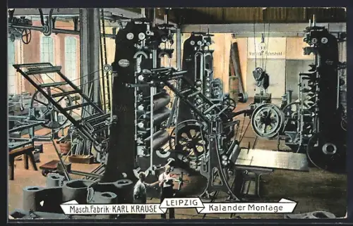 AK Leipzig, Maschinen-Fabrik Karl Krause, Fabrikarbeiter bei der Kalander Montage