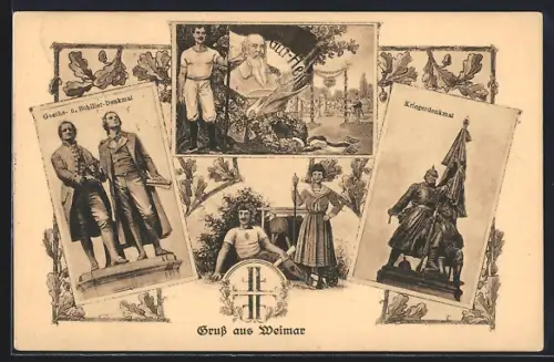 AK Weimar / Thür., Goethe- und Schiller-Denkmal, Kriegerdenkmal, Turnverein, Turner mit Flagge Gut-Heil