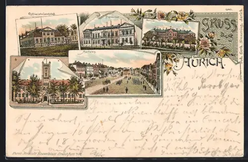 Lithographie Aurich / Ostfriesland, Seminar, Piqueurhof, Schloss