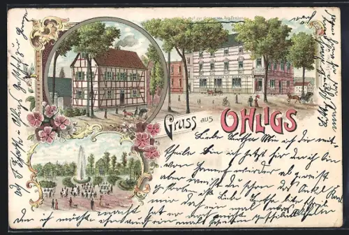 Lithographie Ohligs, Gasthof zur Grenze von Aug. Frechen, Fachwerkhaus und Parkanlage mit Fontäne