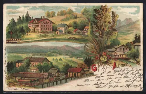 Lithographie Achmühl, Falzwiegelei A. Meyer, Panorama und Ortspartie