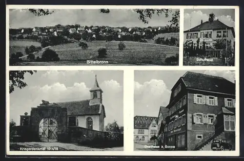 AK Bittelbronn / Mockmühl, Gasthaus zur Sonne, Kriegerdenkmal, Schulhaus und Ortsansicht