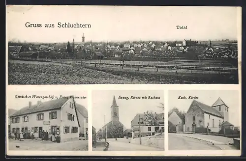 AK Schluchtern, Gemischtes Warengeschäft v. Franz Weinreuter, Evang. Kirche mit Rathaus, Kath. Kirche und Totalansicht