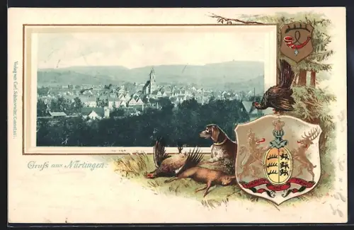 Passepartout-Lithographie Nürtingen, Ortsansicht mit Kirche