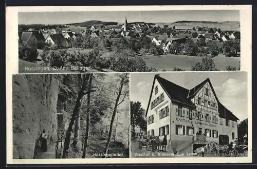 AK Hossingen i. Württbg., Gasthof und Brauerei Zum Lamm, Bes. Carl Öfinger, Hossingerleiter und Ortsansicht mit Kirche