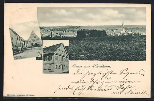 AK Nordheim / Wütt., Gasthof, Panoramablick mit Kirche, Ortspartie
