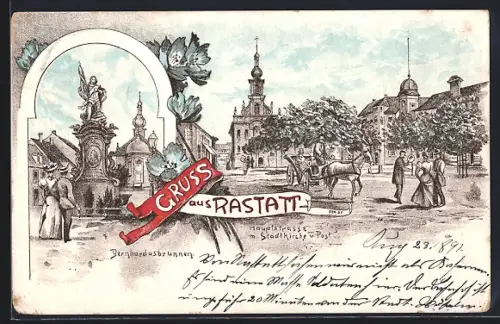 Lithographie Rastatt, Bernhardusbrunnen, Hauptstrasse mit Stadtkirche und Post