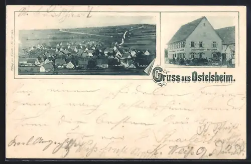 AK Ostelsheim, Gasthaus und Bierbrauerei von Joh. Gehring, Ortsansicht aus der Vogelschau