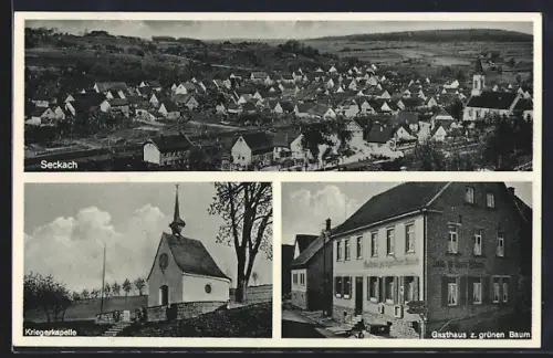 AK Seckach /Baden, Gasthaus zum grünen Baum, Bes. Joh. Knörzer, Kriegerkapelle, Ortsansicht aus der Vogelschau