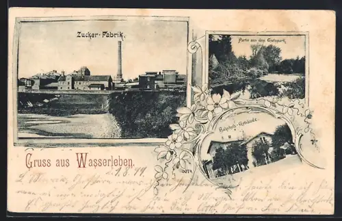 Passepartout-AK Wasserleben, Zucker-Fabrik, Partie aus dem Gutspark, Bahnhof