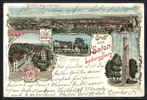 Lithographie Ludwigsburg / Württ., Gasthof Aussichtsturm Salon, Strassenpartie und Panoramablick