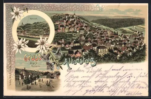Lithographie Altensteig, Bahnhof, Marktplatz, Panorama