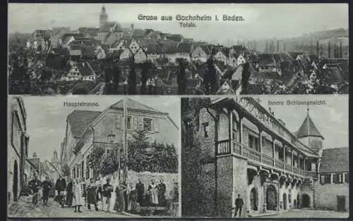 AK Gochsheim i. Baden, Hauptstrasse, Innere Schlossansicht und Panoramablick über die Stadt