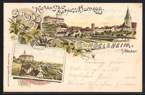 Lithographie Gundelsheim a. Neckar, Kuranstalt Schloss Hornegg, Totalansicht