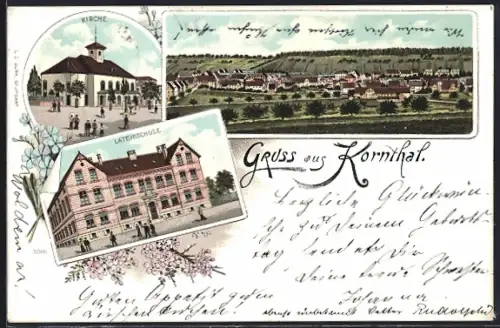 Lithographie Kornthal / Württ., Teilansicht, Kirche, Lateinschule