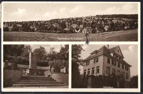 AK Michelbach / Aglasterhausen, Kriegerdenkmal, Schulhaus, Panoramablick