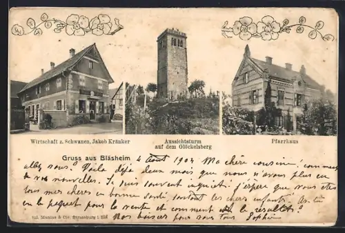AK Bläsheim, Gasthaus zum Schwanen, Bes. Jakob Kränker, Aussichtsturm auf dem Glöckelsberg, Pfarrhaus