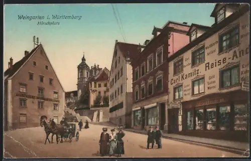 AK Weingarten i. Württemberg, Hirschlplatz mit Warengeschäft Carl Kamitz Reiseandenken
