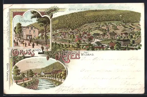 Lithographie Höfen /Wildbad, Villa Adelheid, Flusspartie der Enz mit Floss, Ortsansicht mit Kirche
