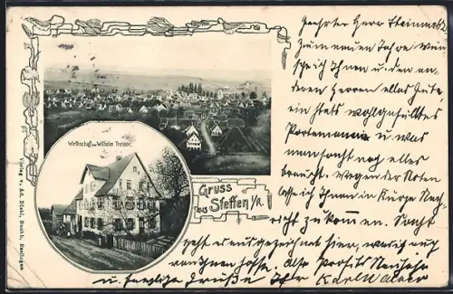 AK Stetten / Remstal, Gasthaus von Wilhelm Treiber, Ortsansicht aus der Vogelschau