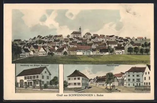 AK Schwenningen i. Baden, Handlung von Gregor Sprissler, Hauptstrasse und Panoramablick auf die Stadt