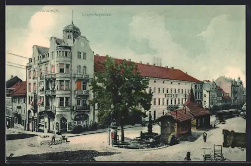 AK Pforzheim, Leopoldplatz mit Hotel Post
