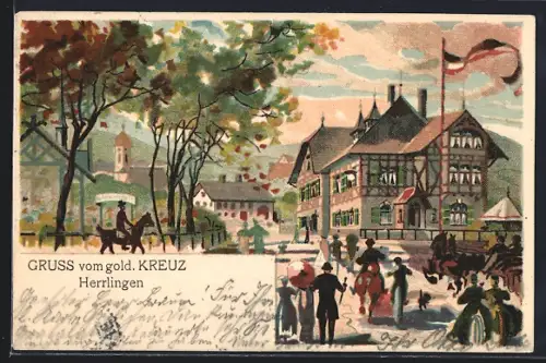 Lithographie Herrlingen, Gasthaus Goldenes Kreuz