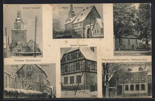 AK Tonndorf / Tiefengruben, Schule, Kirche & Pfarre im Winter, Tiefengruben mit Kirche & Schule