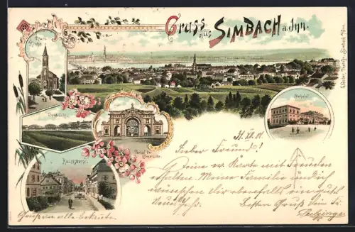 Lithographie Simbach a. Inn, Bahnhof, Haupstrasse, Portal der Innbrücke, Pfarrkirche