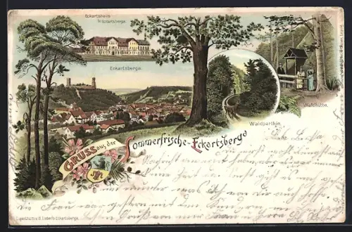 Lithographie Eckartsberga, Ortsansicht, Waldpartie & Waldhütte