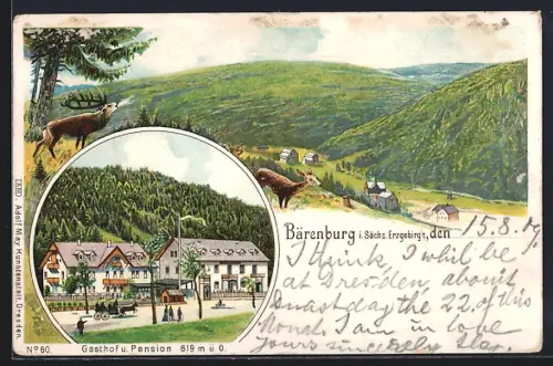 Lithographie Bärenburg i. Sächs. Erzgebirge, Gasthaus und Pension, Talblick mit Rehen