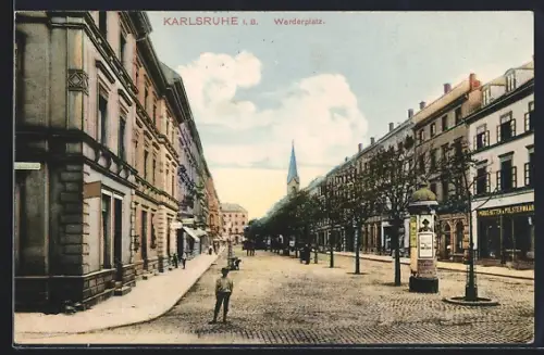 AK Karlsruhe i. B., Strasse am Werderplatz mit Litfasssäule