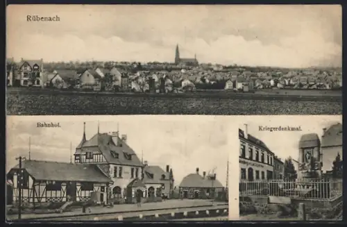 AK Rübenach, Bahnhof, Kriegerdenkmal, Totalansicht