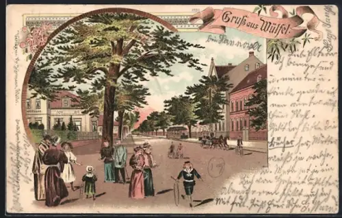 Lithographie Wülfel, Strassenpartie mit Strassenbahn