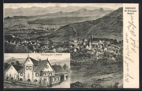 Künstler-AK Ebringen im Breisgau, Handlung von J. Schüler, Ortsansicht aus der Vogelschau