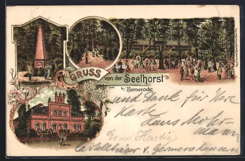 Lithographie Bemerode, Gasthaus Seelhorst, Denkmal 1852