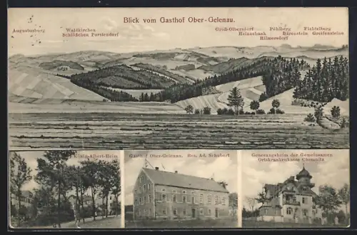 AK Ober-Gelenau, Gasthof Ober-Gelenau, Panoramaaussicht vom Gasthof, König Albert-Heim