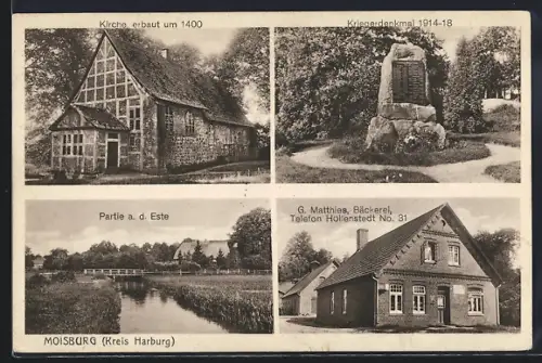 AK Moisburg /Harburg, Bäckerei G. Matthies, Kirche, Kriegerdenkmal, Partie a. d. Este