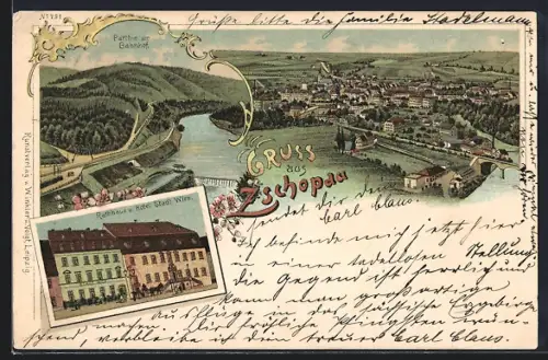 Lithographie Zschopau, Partie am Bahnhof, Rathaus und Hotel Stadt Wien