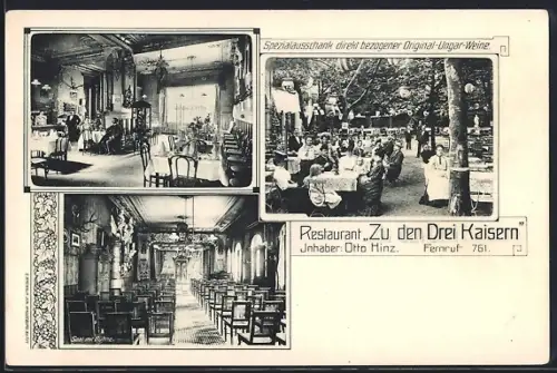 AK Elberfeld, Restaurant Zu den Drei Kaisern, Speisesaal, Sommergarten, Festsaal