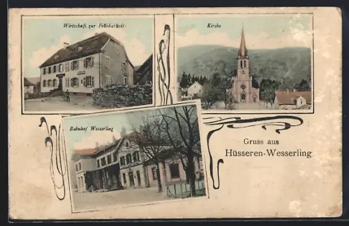 AK Hüsseren-Wesserling, Gasthaus zur Fröhlichkeit, Bahnhof Wesserling, Kirche