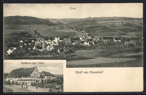 AK Bonndorf / Schwarzwald, Gasthaus zum Adler, Ortsansicht aus der Vogelschau
