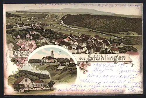 Lithographie Stühlingen, Totalansicht, Schloss Hohenlupfen