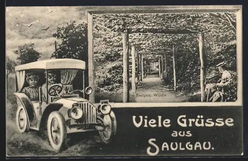 Grusskarten-AK Saulgau, Blick ins Wäldle, Zwei Personen in einem Auto
