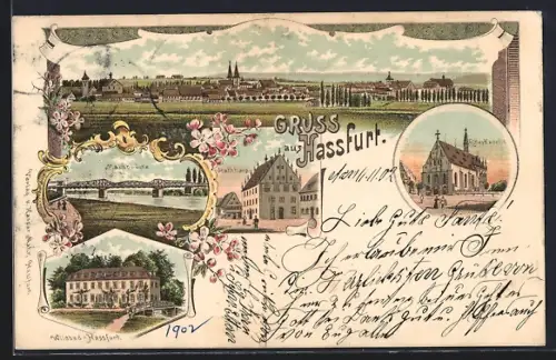 Lithographie Hassfurt, Wildbad Hassfurt, Ritter-Kapelle, Mainbrücke, Rathaus
