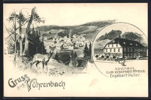 Lithographie Vöhrenbach, Gasthaus zum eisernen Kreuz von Engelbert Keller