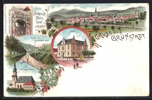 Lithographie Grünstadt / Pfalz, Post, Leininger Tal, Schultor, Martinskirche