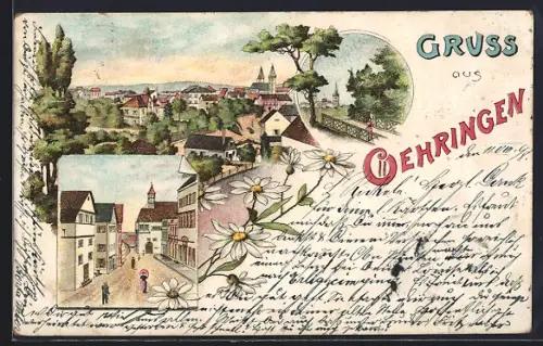 Lithographie Oehringen, Strassenansicht und Ortspanorama