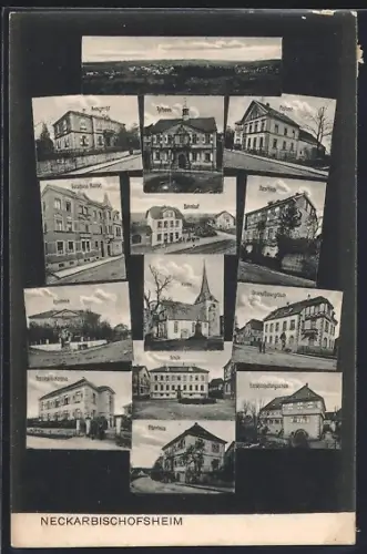 AK Neckarbischofsheim, Postamt, Bahnhof, Apotheke, Pfarrhaus, Kirche
