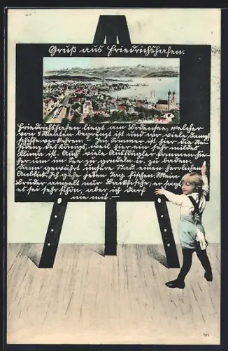 Grusskarten-AK Friedrichshafen, Kind vor einer Kreidetafel mit Blick auf den Hafen